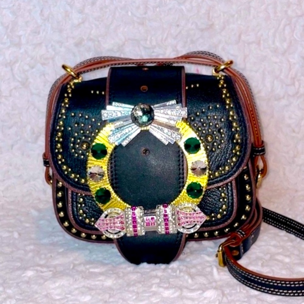 Miu Miu Rare Dahlia Madras Crystal Rhinestone Stud Black Leather Bag Purse